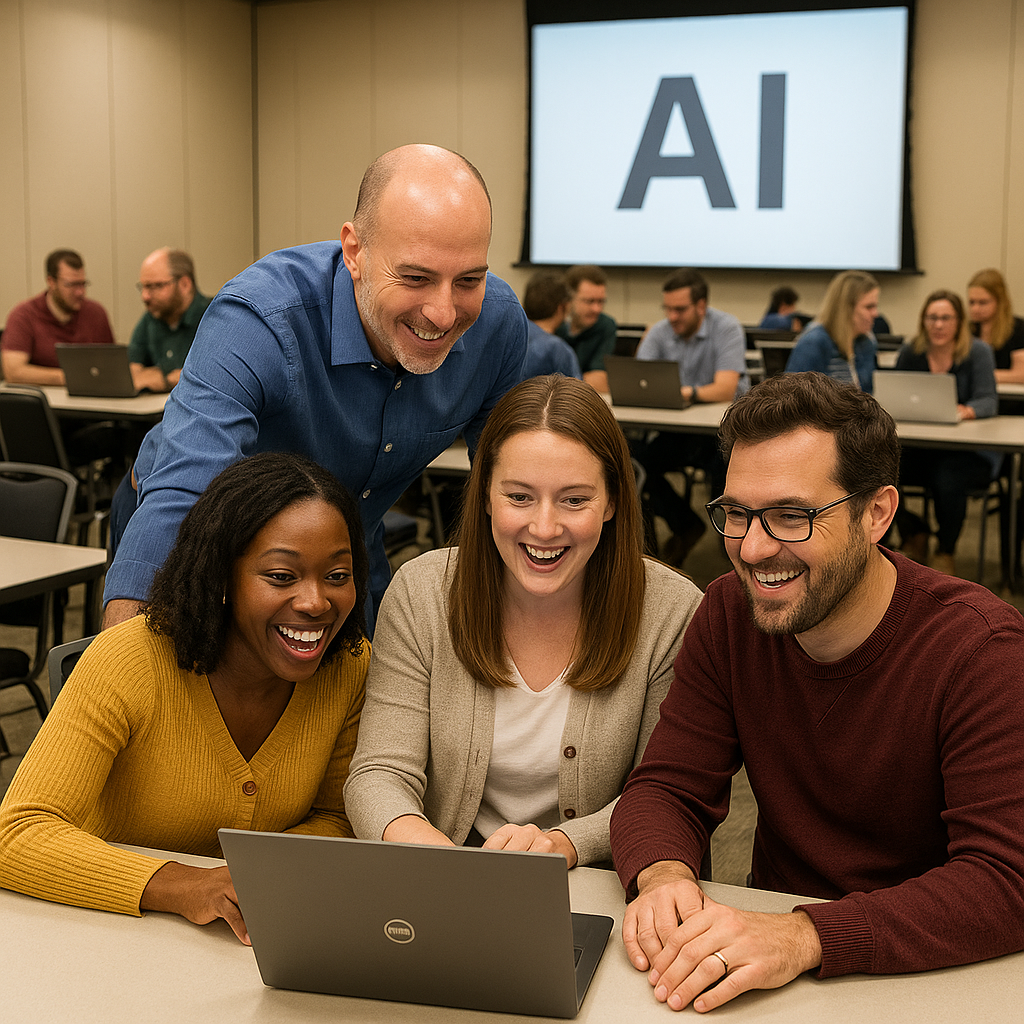 Teachers learning to use AI in a school workshop