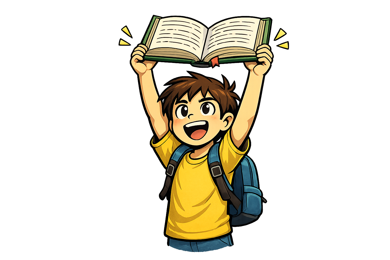 boy holding up a book and looking happy because he can read
