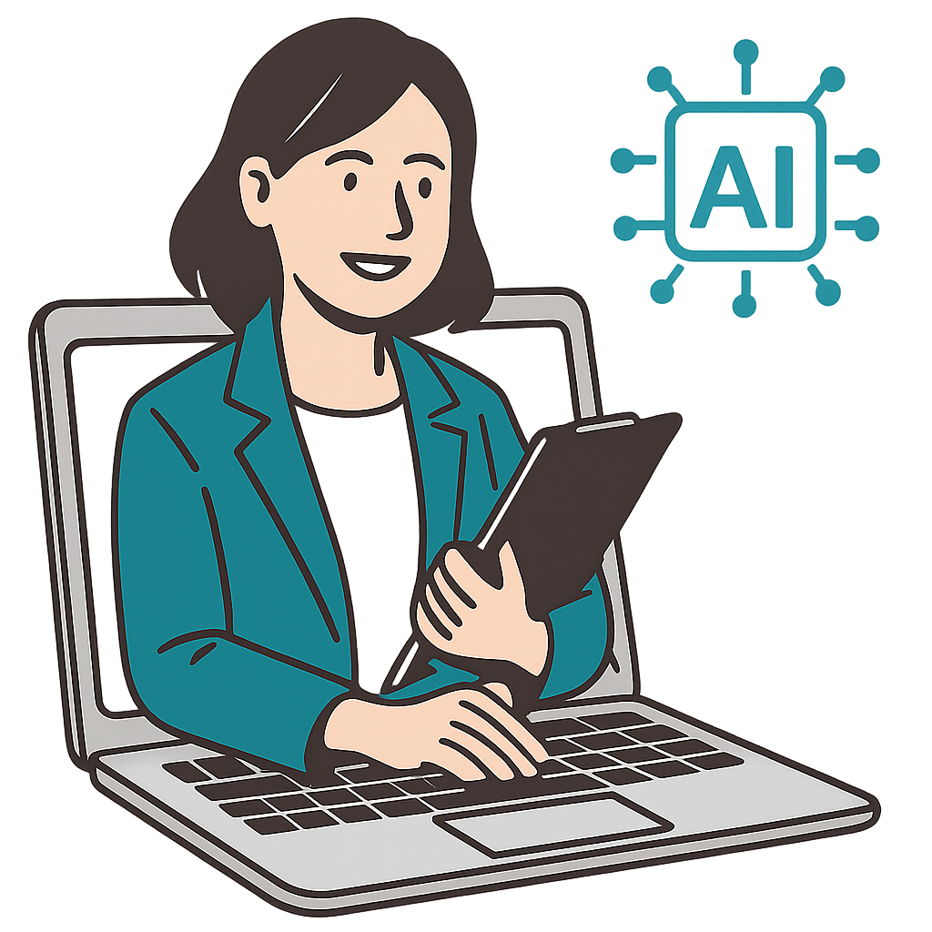 a teacher reaching through her laptop to type AI prompts